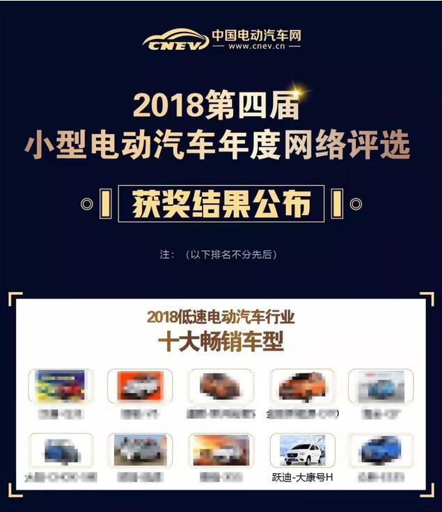 跃迪大康H荣获“2018低速电动车行业十大畅销车型”称号